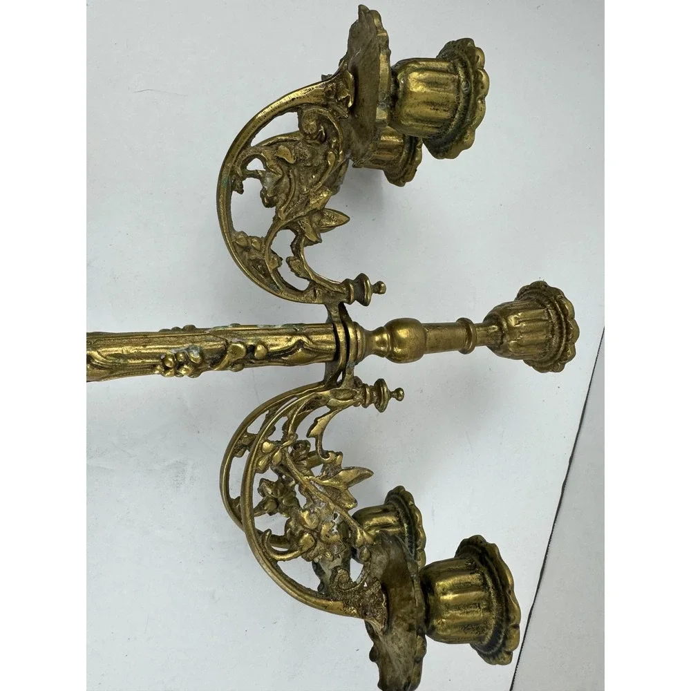 Vintage Ornate Brass 5 Arm Candelabra Ornate Floral Scrollwork Verdigris Patina